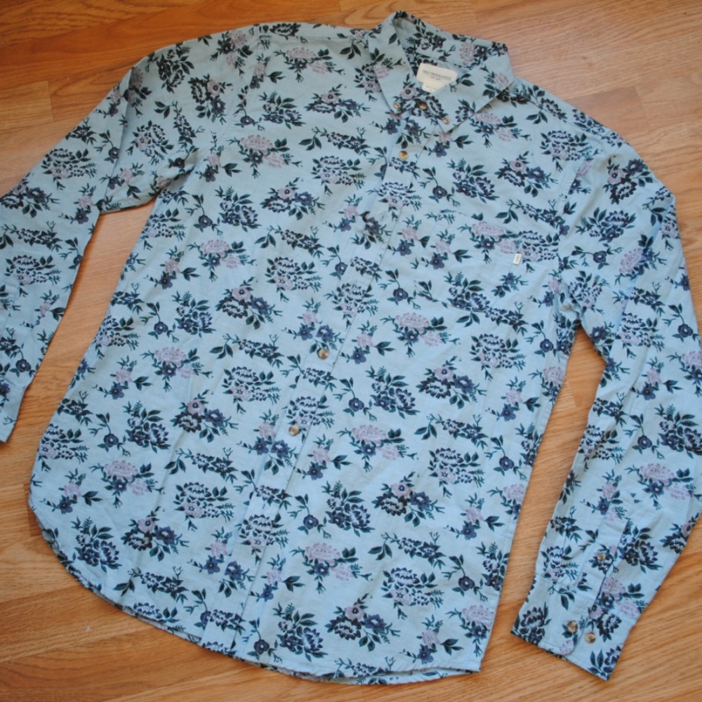 obey floral button down blue l/s dress shirt mens